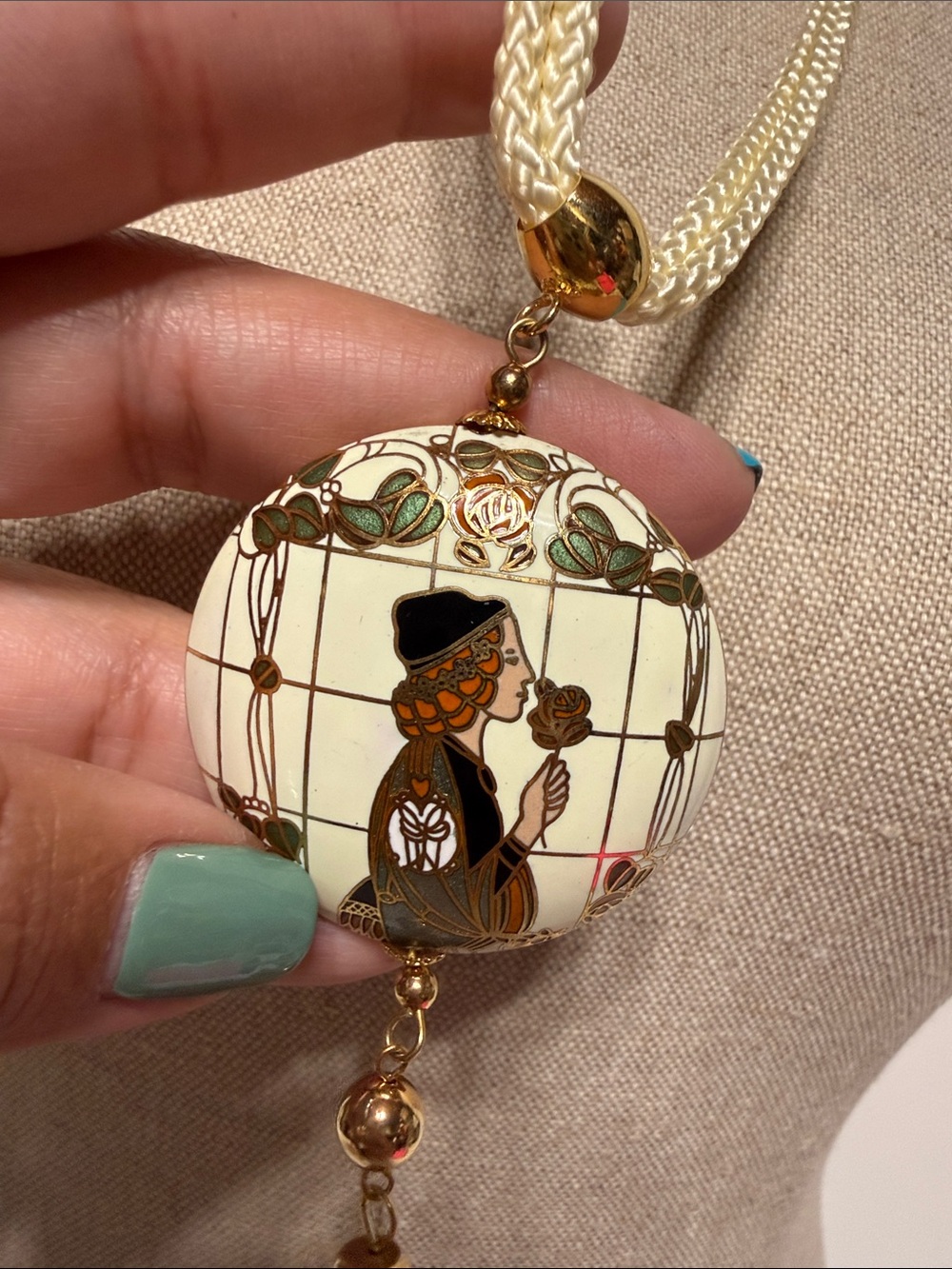 Vintage Cloisonné Art Nouveau Cream Necklace with Double Sided Pendant Tassel